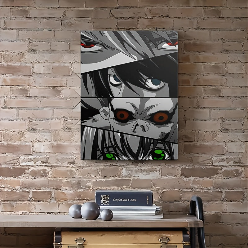Death Note Eyes Collage Framed Canvas Art – Vibrant L, Light, Ryuk & Misa Wall Decor, Hook or Stand Display