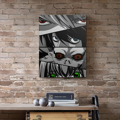 Death Note Eyes Collage Framed Canvas Art – Vibrant L, Light, Ryuk & Misa Wall Decor, Hook or Stand Display