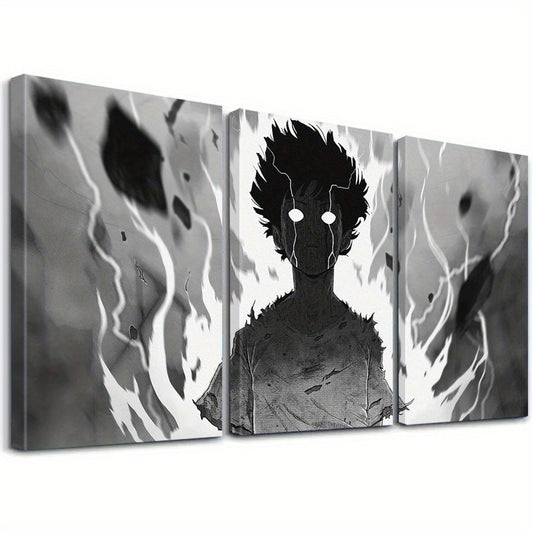 Mob Psycho 100 Canvas Wall Art Set – 3pcs Framed Black & White Anime Posters