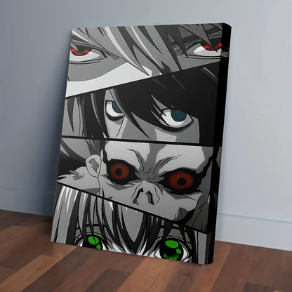 Death Note Eyes Collage Framed Canvas Art – Vibrant L, Light, Ryuk & Misa Wall Decor, Hook or Stand Display