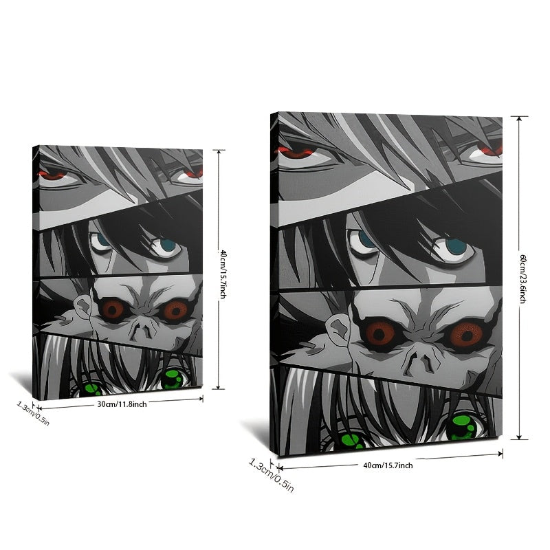 Death Note Eyes Collage Framed Canvas Art – Vibrant L, Light, Ryuk & Misa Wall Decor, Hook or Stand Display
