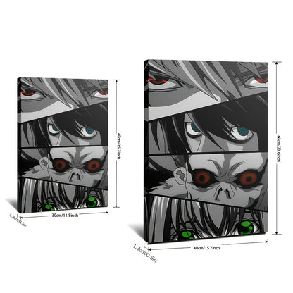 Death Note Eyes Collage Framed Canvas Art – Vibrant L, Light, Ryuk & Misa Wall Decor, Hook or Stand Display