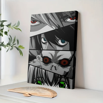 Death Note Eyes Collage Framed Canvas Art – Vibrant L, Light, Ryuk & Misa Wall Decor, Hook or Stand Display