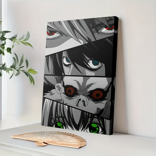 Death Note Eyes Collage Framed Canvas Art – Vibrant L, Light, Ryuk & Misa Wall Decor, Hook or Stand Display