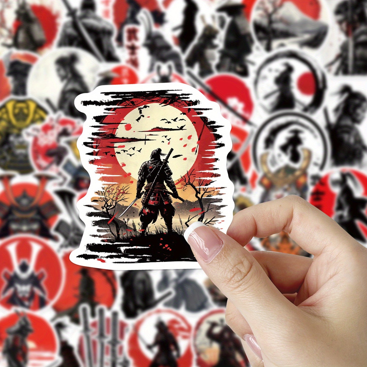 50 PCS Samurai Warrior Stickers – Japanese Samurai and Red Sun Flag Designs with Matte Finish