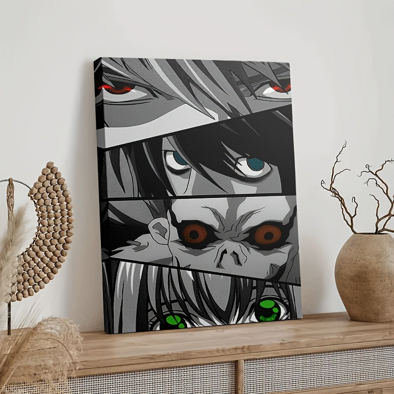 Death Note Eyes Collage Framed Canvas Art – Vibrant L, Light, Ryuk & Misa Wall Decor, Hook or Stand Display
