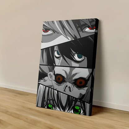 Death Note Eyes Collage Framed Canvas Art – Vibrant L, Light, Ryuk & Misa Wall Decor, Hook or Stand Display