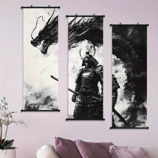 Set of 3 Samurai and Dragon Ink Wash Scroll Art – Classic Fabric Canvas Wall Hanging for Home or Office Decor