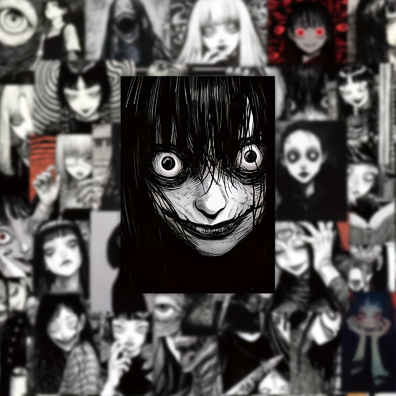 50 PCS Gothic Horror Anime Stickers – Black and White Reusable PVC Stickers with Glossy Finish