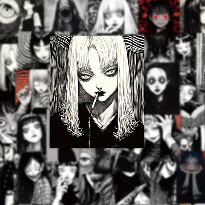 50 PCS Gothic Horror Anime Stickers – Black and White Reusable PVC Stickers with Glossy Finish
