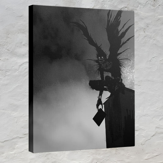 Death Note Ryuk Framed Wall Art – Black & White Canvas Painting, Ready-to-Hang Anime Room Decor