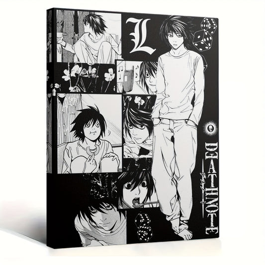 Death Note “L” Framed Collage Wall Art – Black & White Canvas with Floral Accents, Ready-to-Hang Anime Room Decor