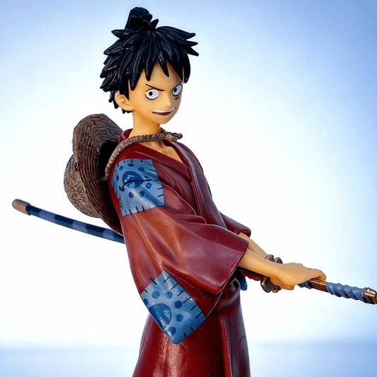 One Piece Luffy Wano Style Figure – Red Kimono Samurai PVC Collectible with Sword and Dynamic Pose